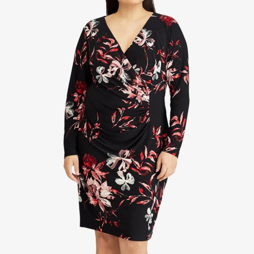Womens 20w Floral Long Sleeve V Neck Knee Length Wear To Work Shift Dress
